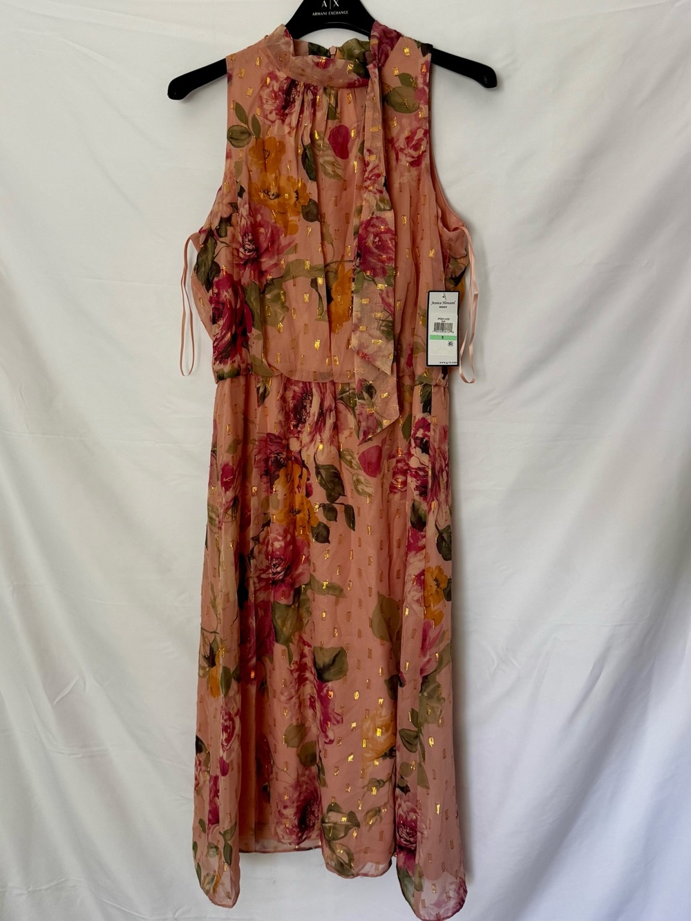 Jessica Howard Blush Floral Chiffon Halter Tie-Neck Midi Dress Metallic Size 8 - Picture 2 of 6